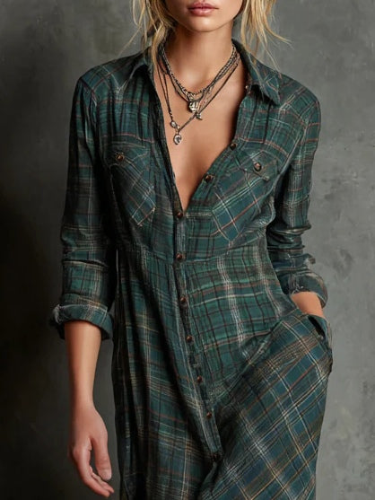 Women's Long Dress Green Plaid Lapel Single-Breasted Shirt