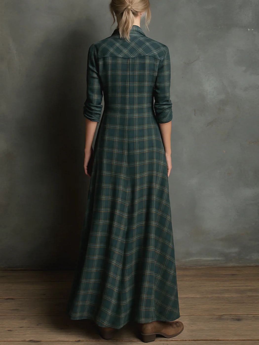 Women's Long Dress Green Plaid Lapel Single-Breasted Shirt