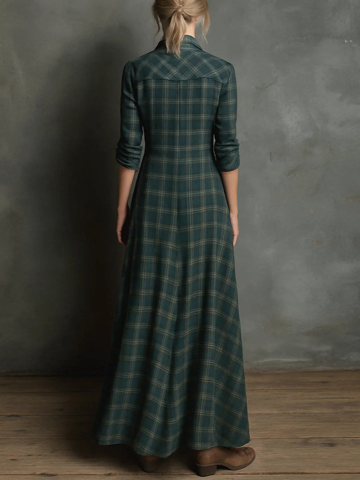 Women's Long Dress Green Plaid Lapel Single-Breasted Shirt