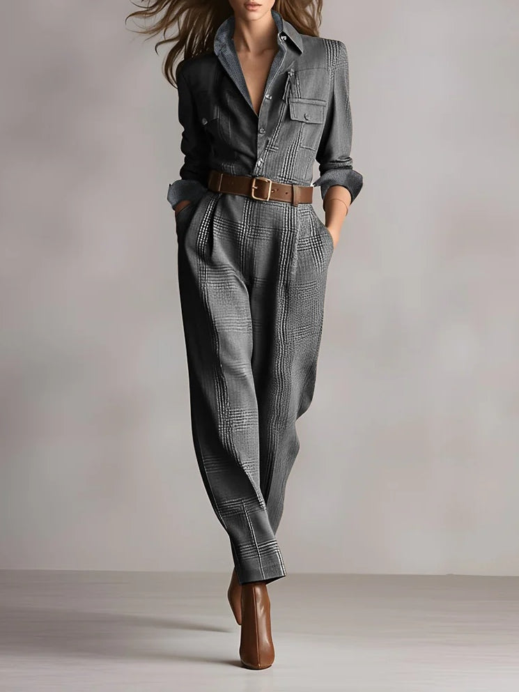 Women's Utility Jumpsuit in Brown Tweed Texture with Plaid Design