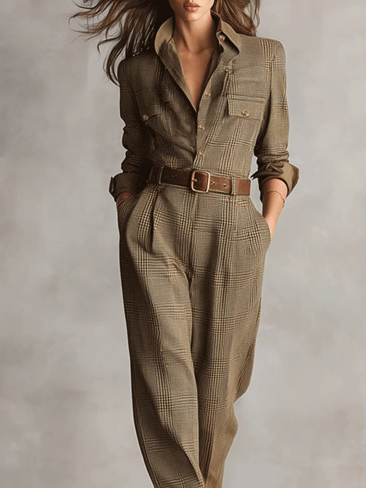 Women's Utility Jumpsuit in Brown Tweed Texture with Plaid Design