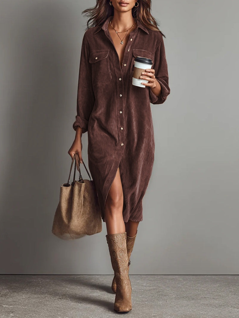 Women's Midi Dress - Loose Corduroy, Double Chest Pockets, Single Breasted