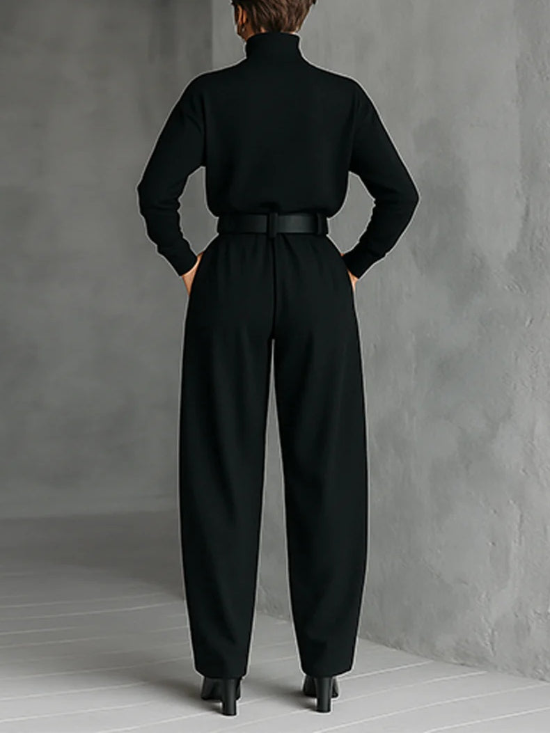 Men's All-Black Turtleneck Long-Sleeved T-Shirt and Straight-Leg Pants Two-Piece Set with Belt