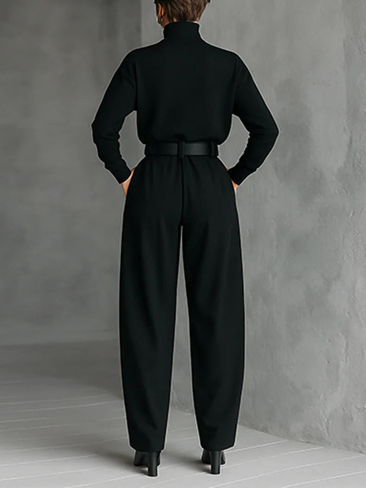 Men's All-Black Turtleneck Long-Sleeved T-Shirt and Straight-Leg Pants Two-Piece Set with Belt