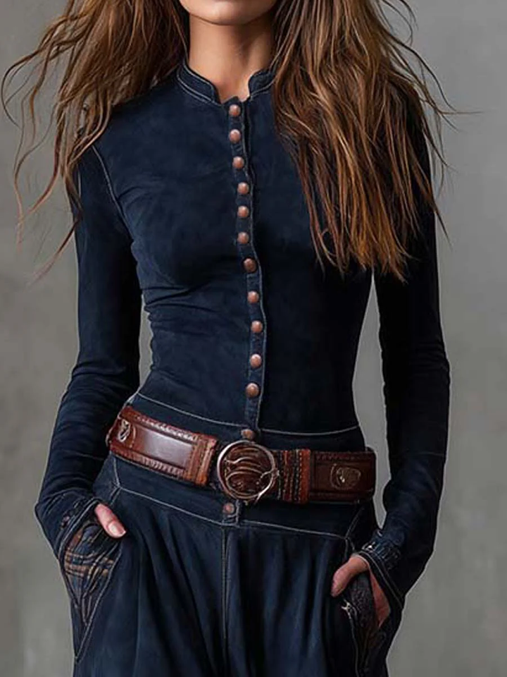 Women's Vintage Maxi Dress in Navy Plaid Suede with Belt