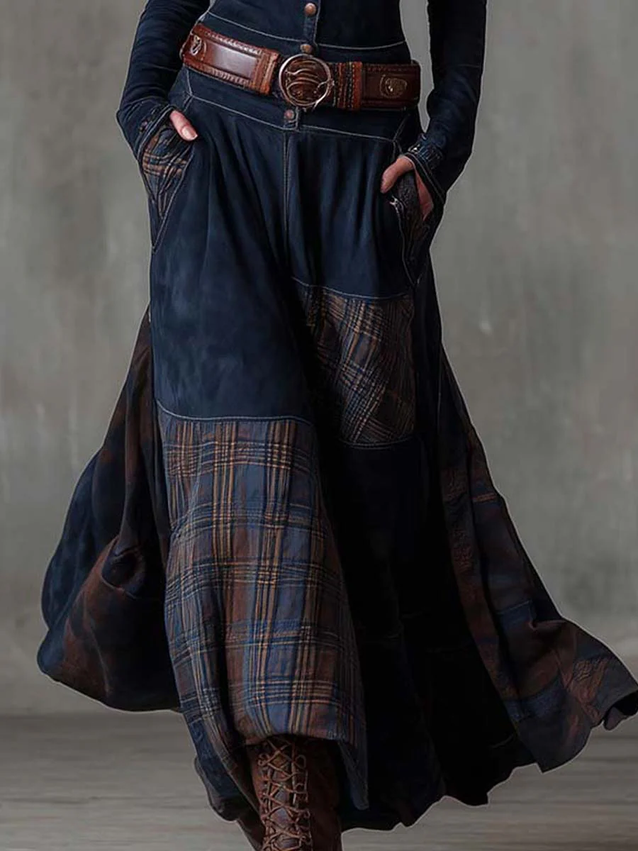 Women's Vintage Maxi Dress in Navy Plaid Suede with Belt