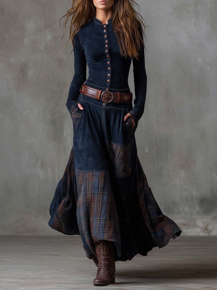 Women's Vintage Maxi Dress in Navy Plaid Suede with Belt