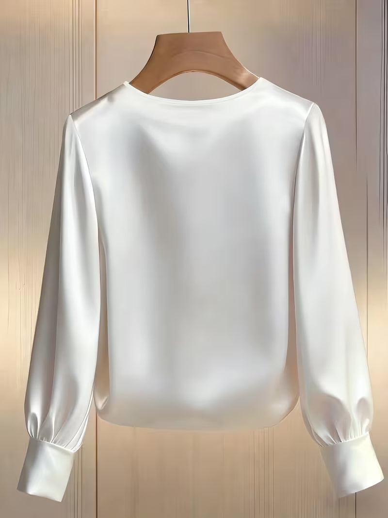 Women’s Satin Blouse Pearl Trim Long Sleeve