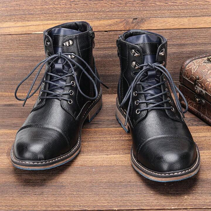 Leather lace up boots side zipper men