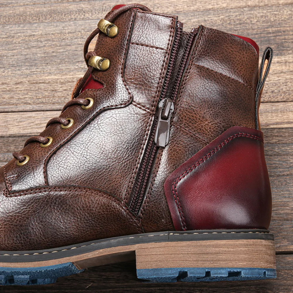 Leather lace up boots side zipper men