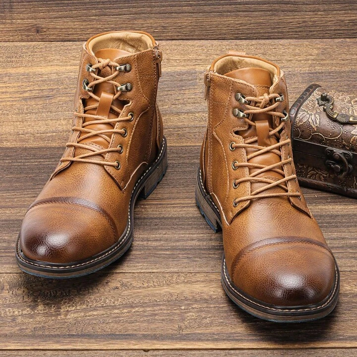 Leather lace up boots side zipper men