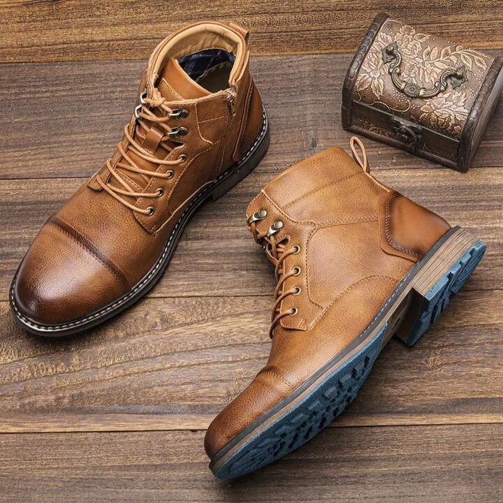 Leather lace up boots side zipper men