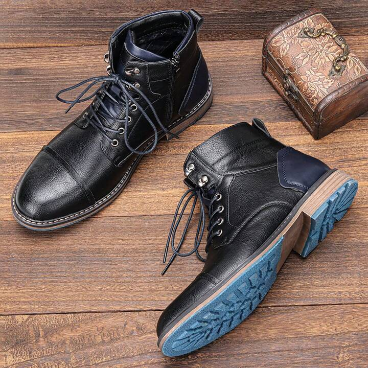 Leather lace up boots side zipper men
