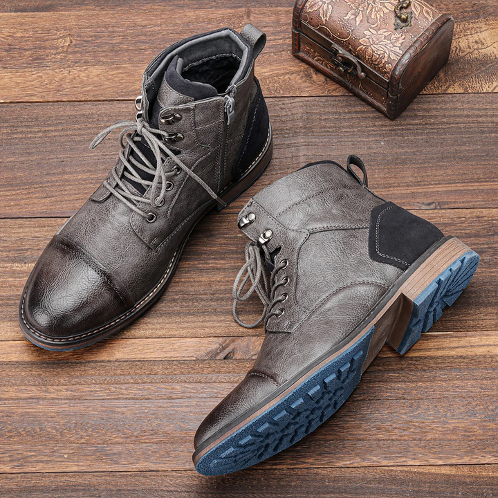 Leather lace up boots side zipper men