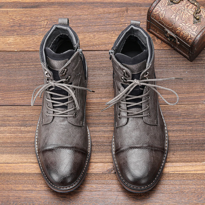 Leather lace up boots side zipper men