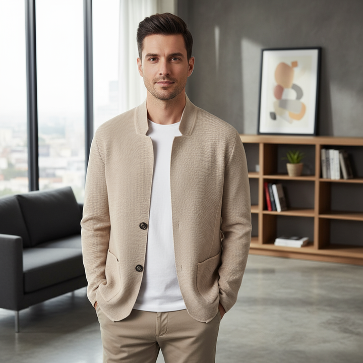 Men’s Wool Cardigan Collarless Lightweight Knit