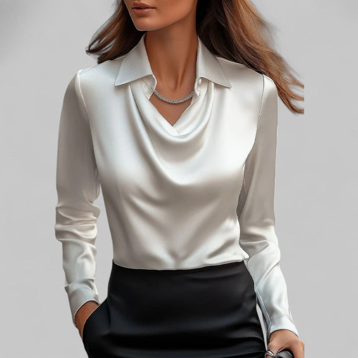 Women's Long Sleeve Satin Blouse with Draped Neck