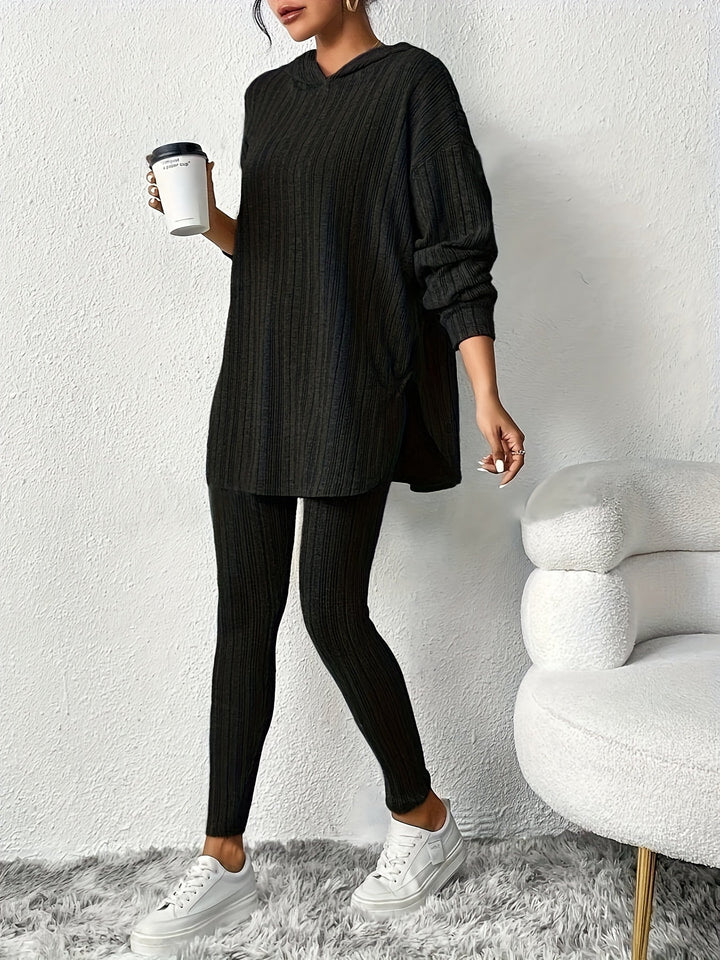 Loungewear set ribbed knit hooded women