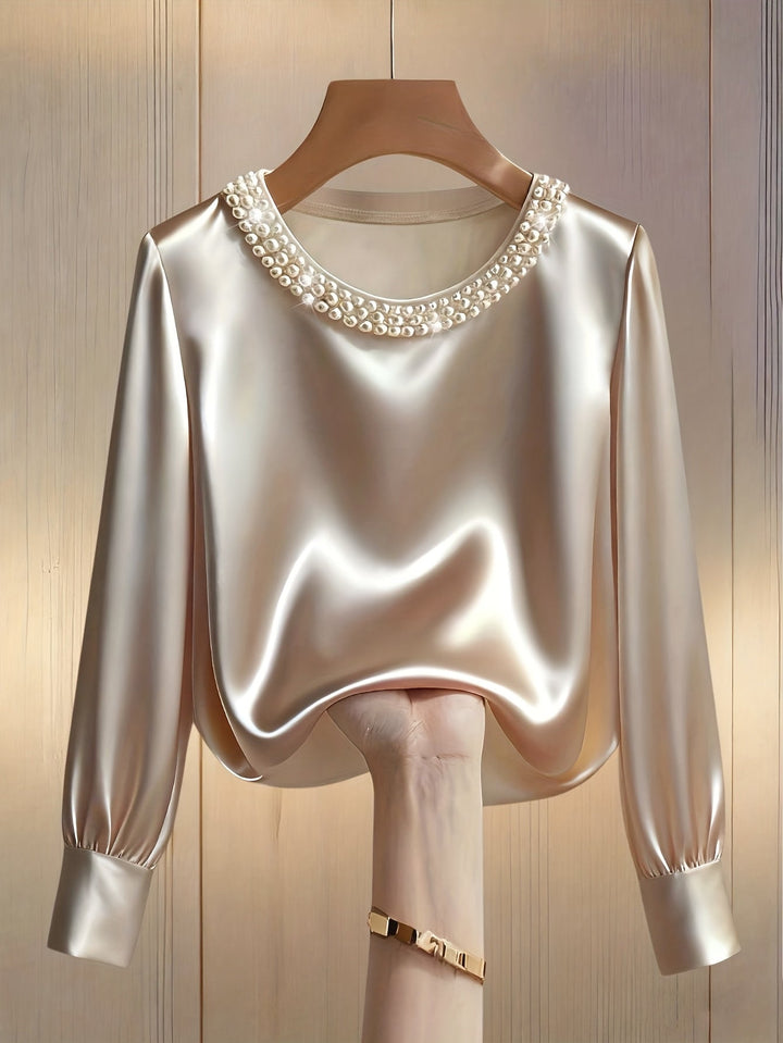 Women’s Satin Blouse Pearl Trim Long Sleeve