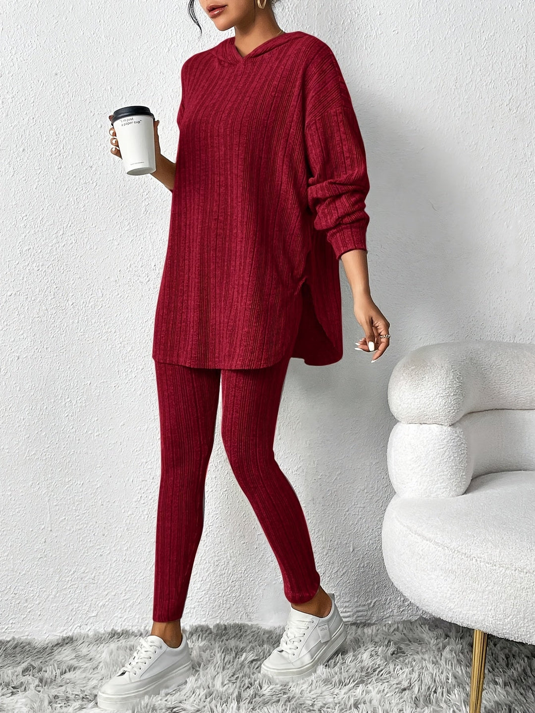 Loungewear set ribbed knit hooded women