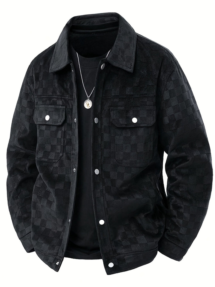 mens suede jacket checkered texture snap cuff