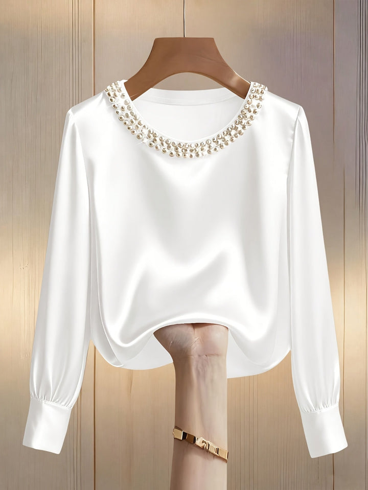 Women’s Satin Blouse Pearl Trim Long Sleeve