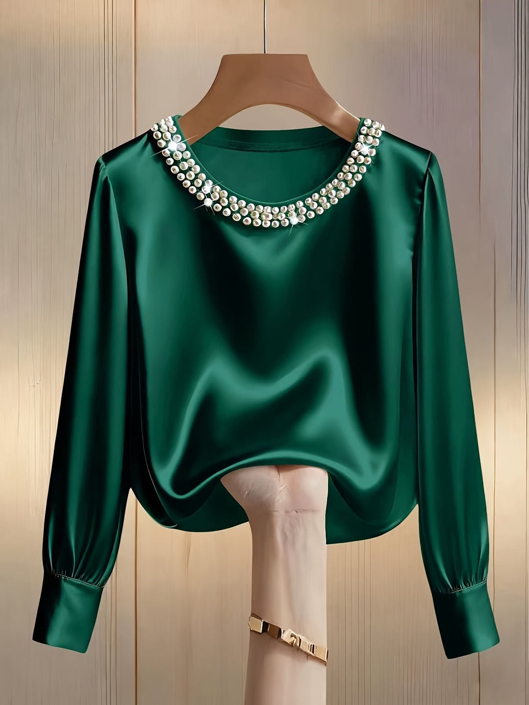 Women’s Satin Blouse Pearl Trim Long Sleeve