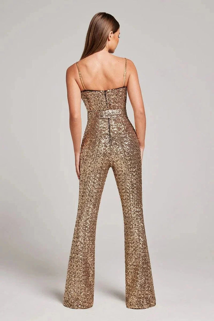 Women’s Glitter Jumpsuit Strapless Wide Leg with Belt