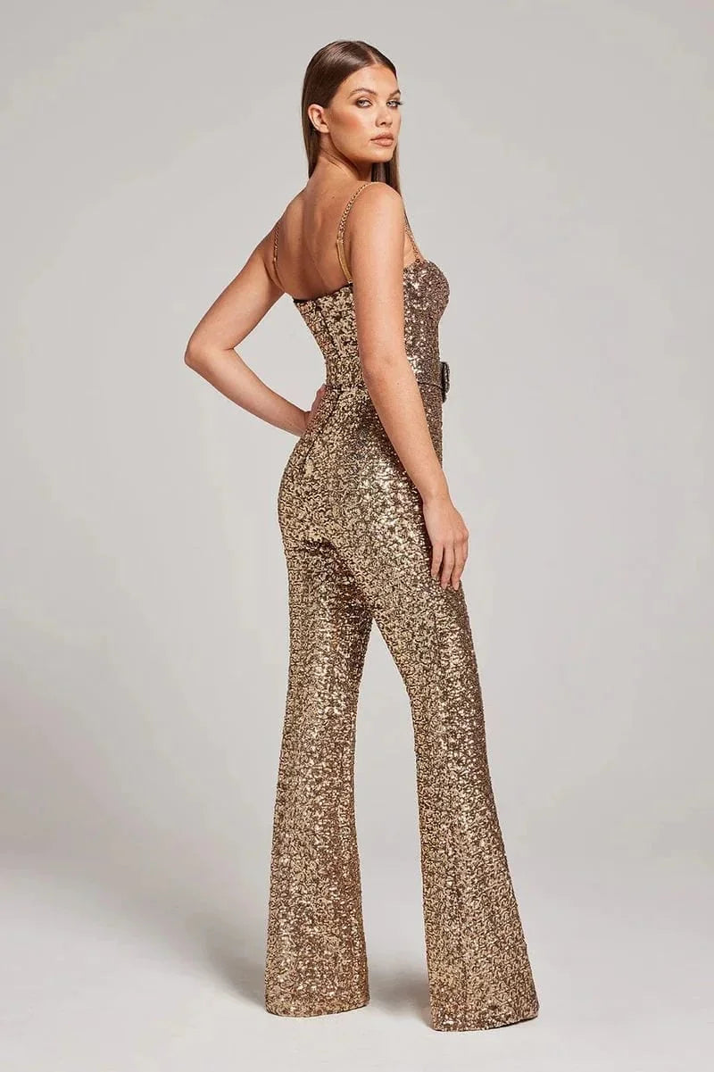 Women’s Glitter Jumpsuit Strapless Wide Leg with Belt