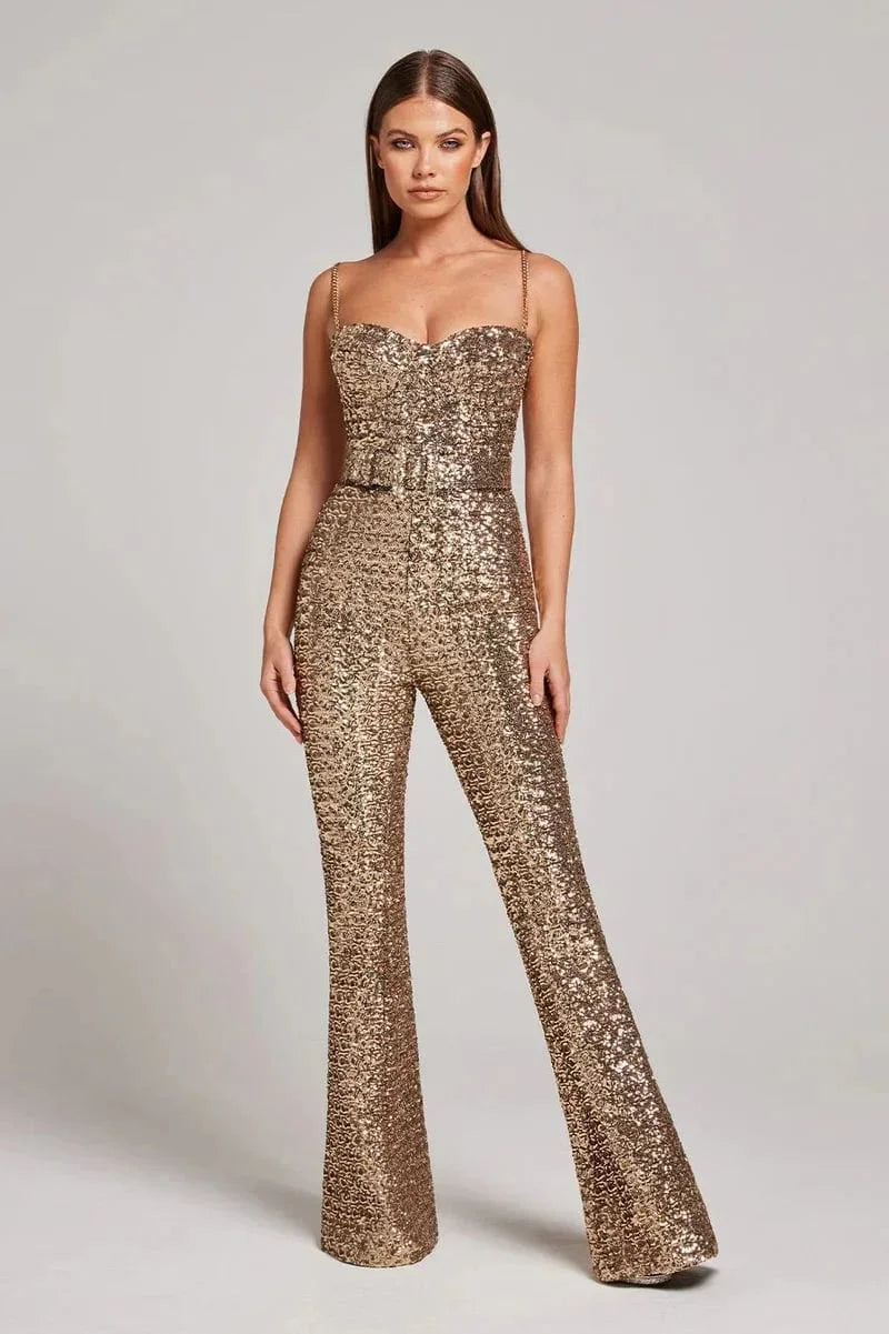 Women’s Glitter Jumpsuit Strapless Wide Leg with Belt