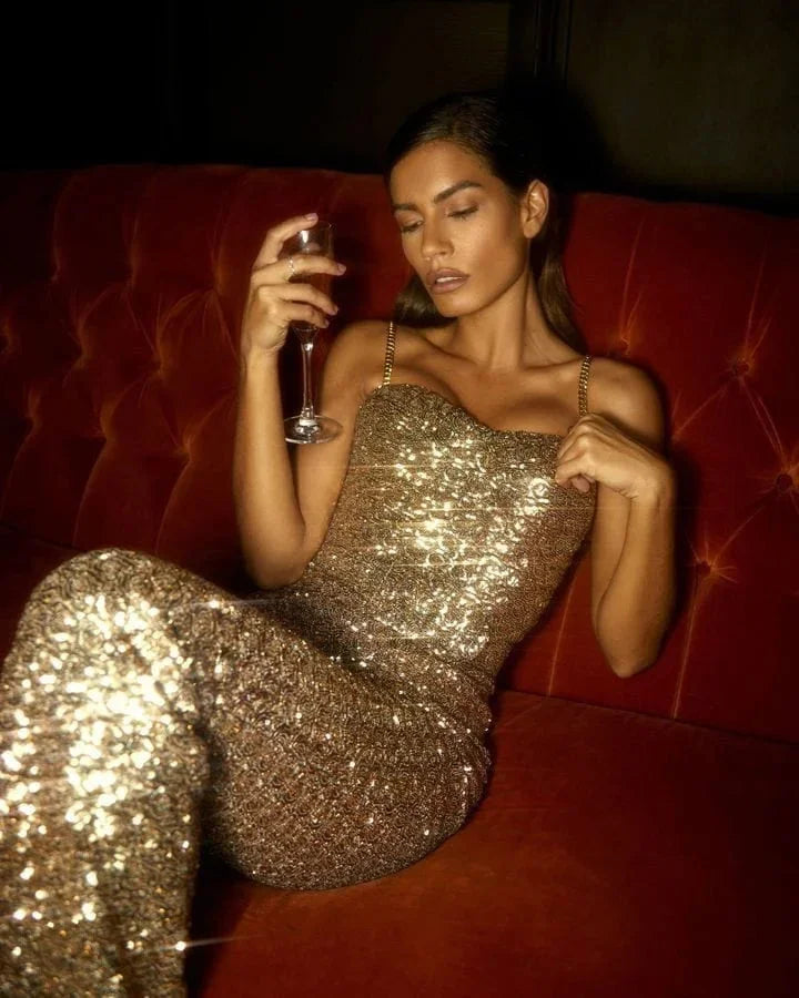 Women’s Glitter Jumpsuit Strapless Wide Leg with Belt