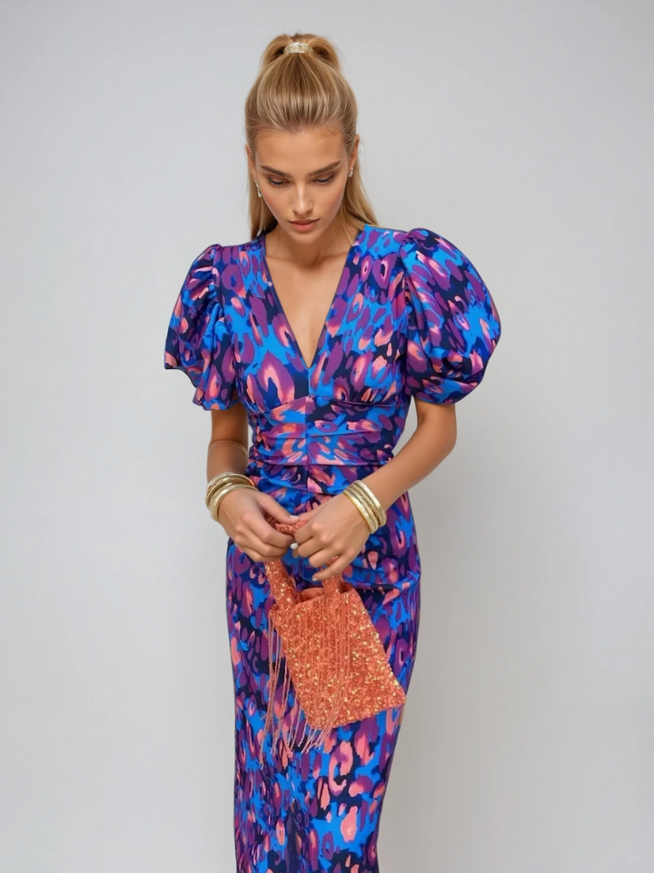 Women's Elegant Dress with Printed Puff Sleeves